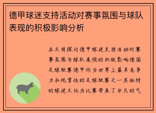 德甲球迷支持活动对赛事氛围与球队表现的积极影响分析