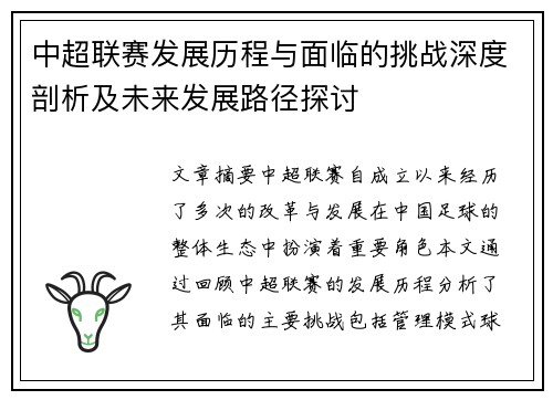 中超联赛发展历程与面临的挑战深度剖析及未来发展路径探讨